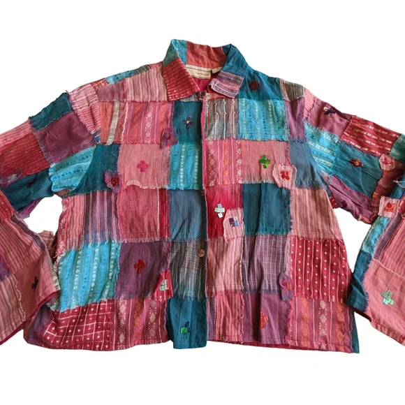 Carrie Allen Shirt Jacket Sz M Cropped Multi Color Patch Work Long Sleeve Lined - Picture 6 of 13